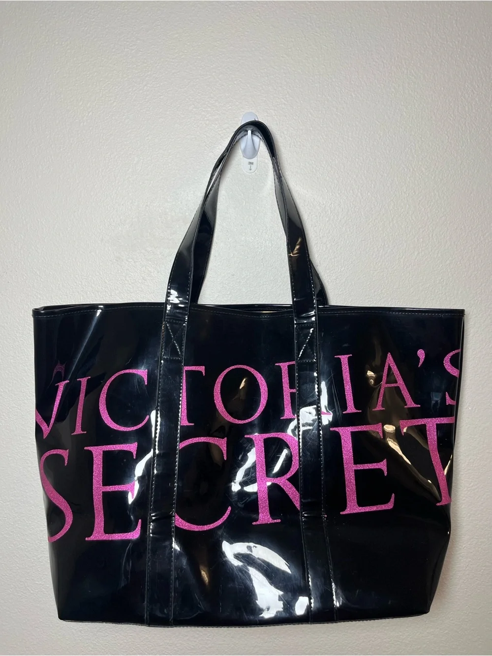 Victoria's Secret Vintage Y2K Black Patent Tote with Pink Glitter Logo